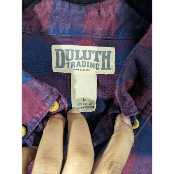 Duluth‎ Trading Co. Burgundy Navy Plaid Long Sleeve 100% Cotton Men Shirt Size L - Picture 4 of 5